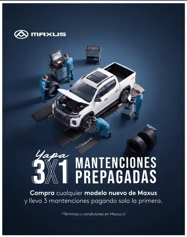 Banner Maxus Yapa 3x1: compra cualquier modelo nuevo de Maxus y lleva 3 mantenciones prepagadas pagando solo la primera; camioneta Maxus blanca atendida por técnicos en taller
