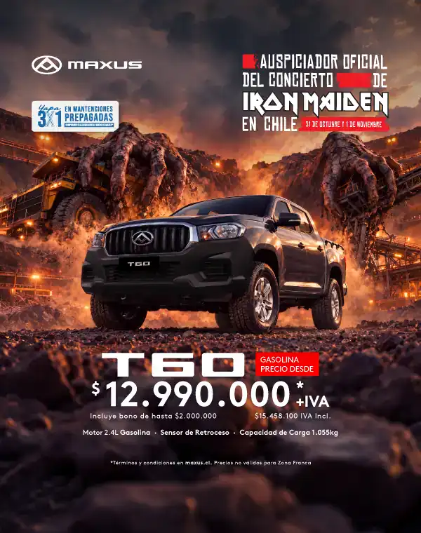 Camioneta Maxus T60 en promoción con fondo de escena de película de acción.