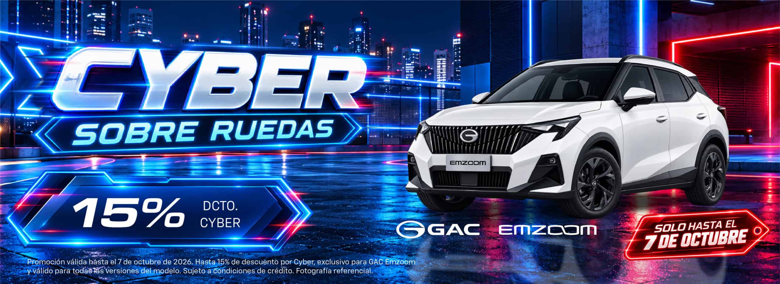 Promoción de Cyber sobre ruedas con GAC y EMZOOM en ciudad moderna.