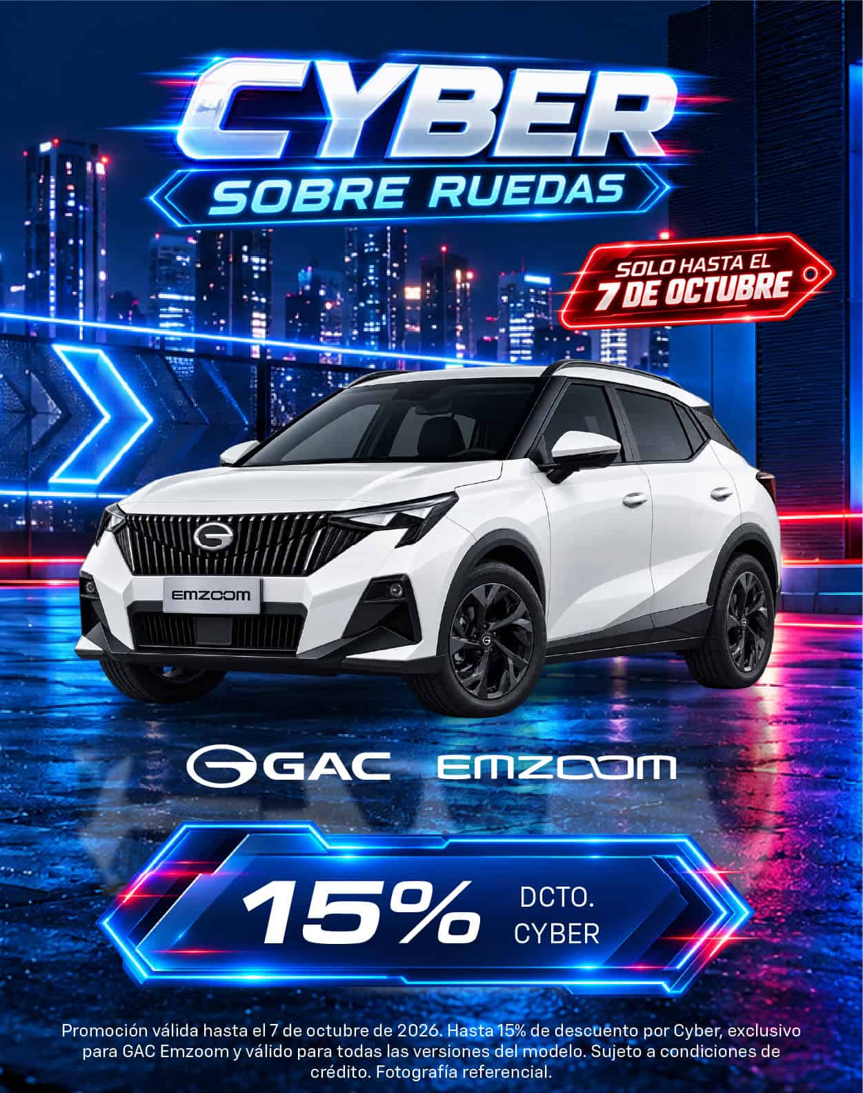 Promoción de vehículo GAC EMZOOOM con descuento del 15% en Cyber.