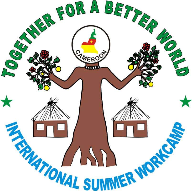 Cameroon eco village with a tree and houses, promoting sustainability and community.