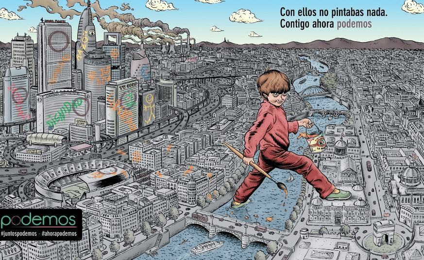 Illustration of a child walking on a bridge over a city with eco-friendly themes.