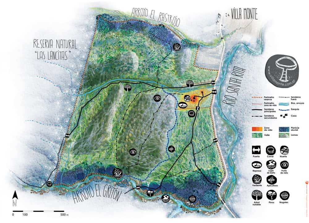 Map of Villa Monte Reserve showing eco-friendly zones and natural features.