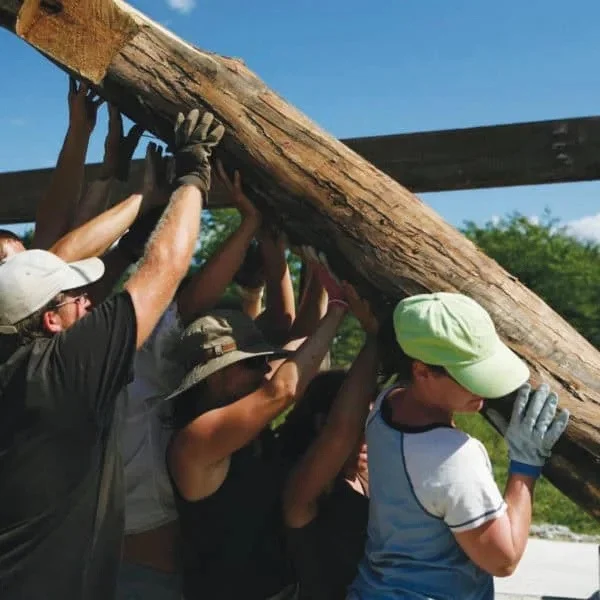 People lifting a large wooden beam together in a collaborative outdoor project.