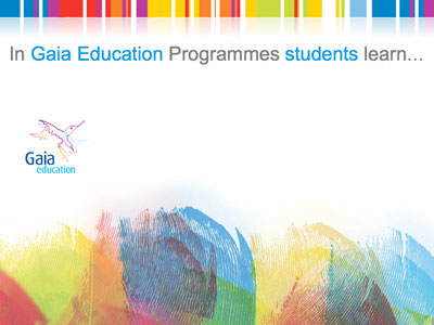 Global Ecovillage Network branding with Gaia Education imagery.