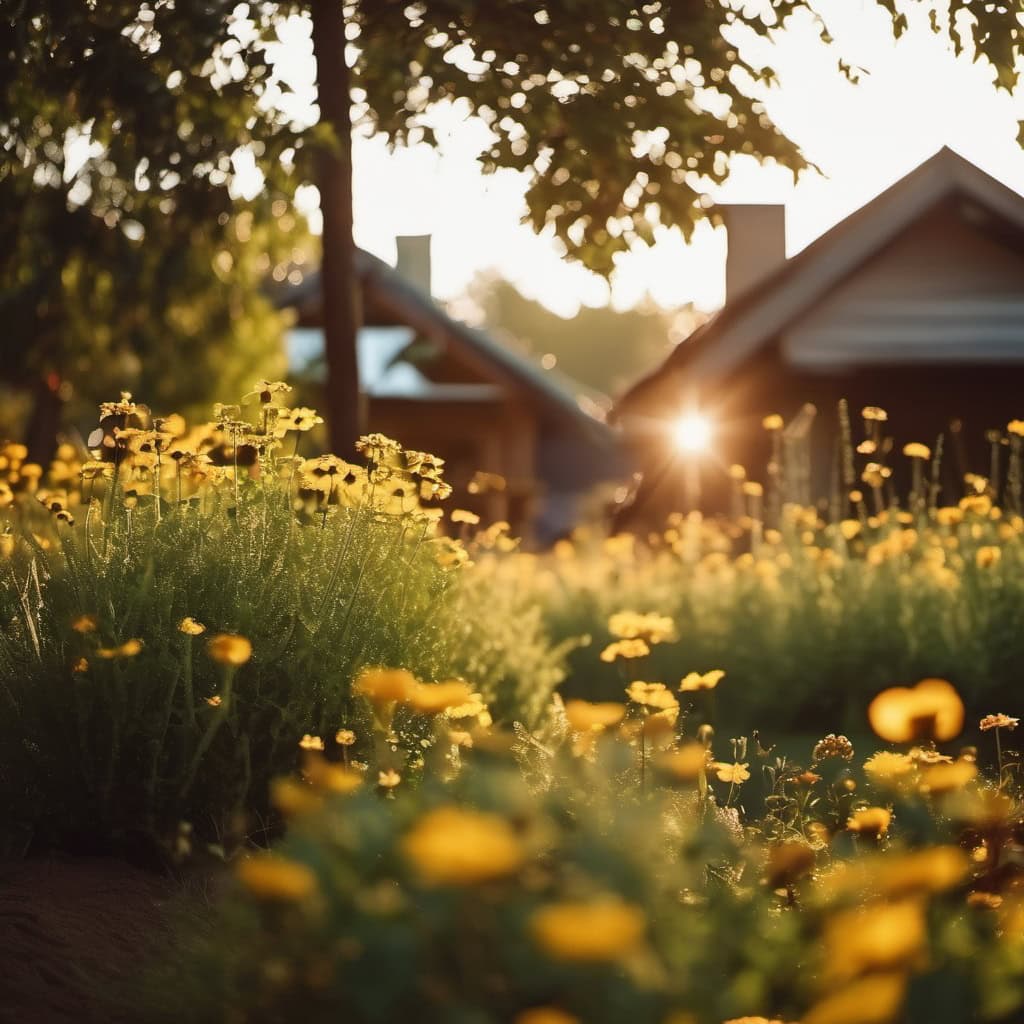 Sunlit garden with yellow flowers in a peaceful ecovillage setting.