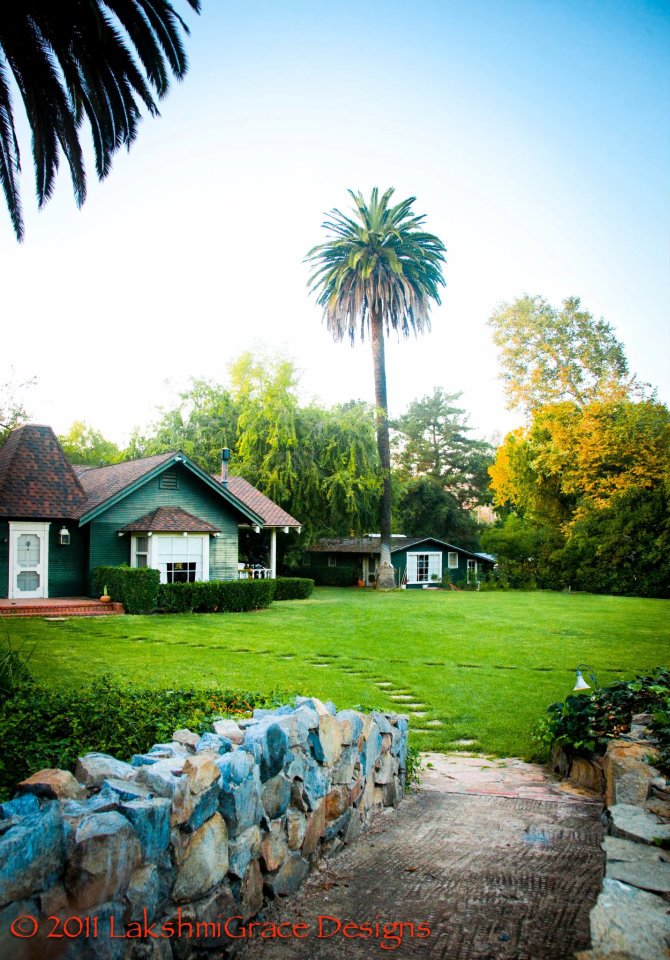 Lush green yard with charming cottages and palm trees in a tranquil village.