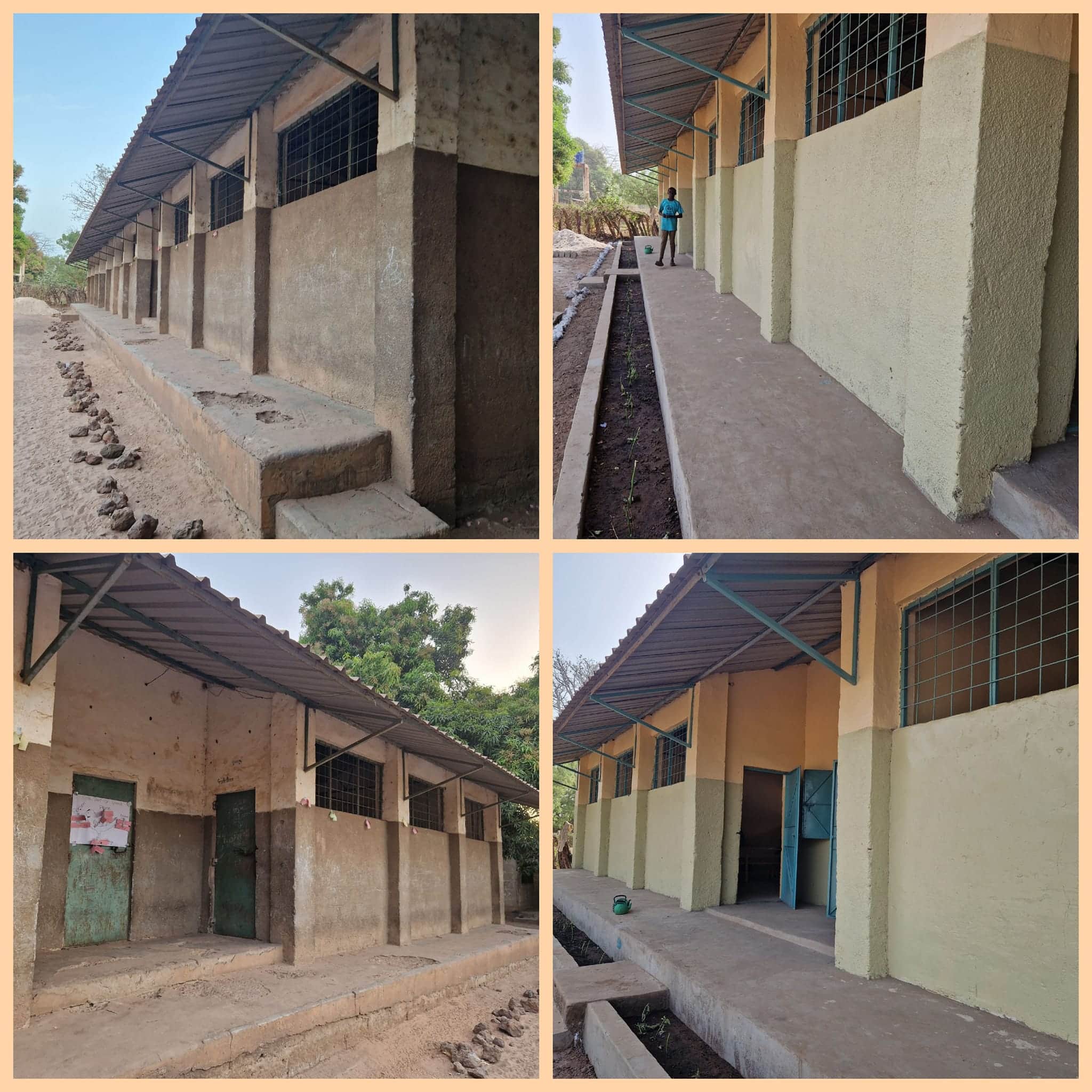 Exterior view of a single-storey concrete education block with doors and windows.
