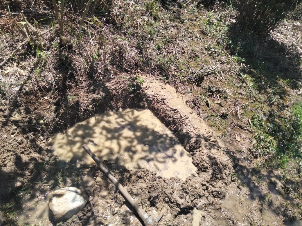 Soil trench and shadow over muddy ground in an ecovillage setting.