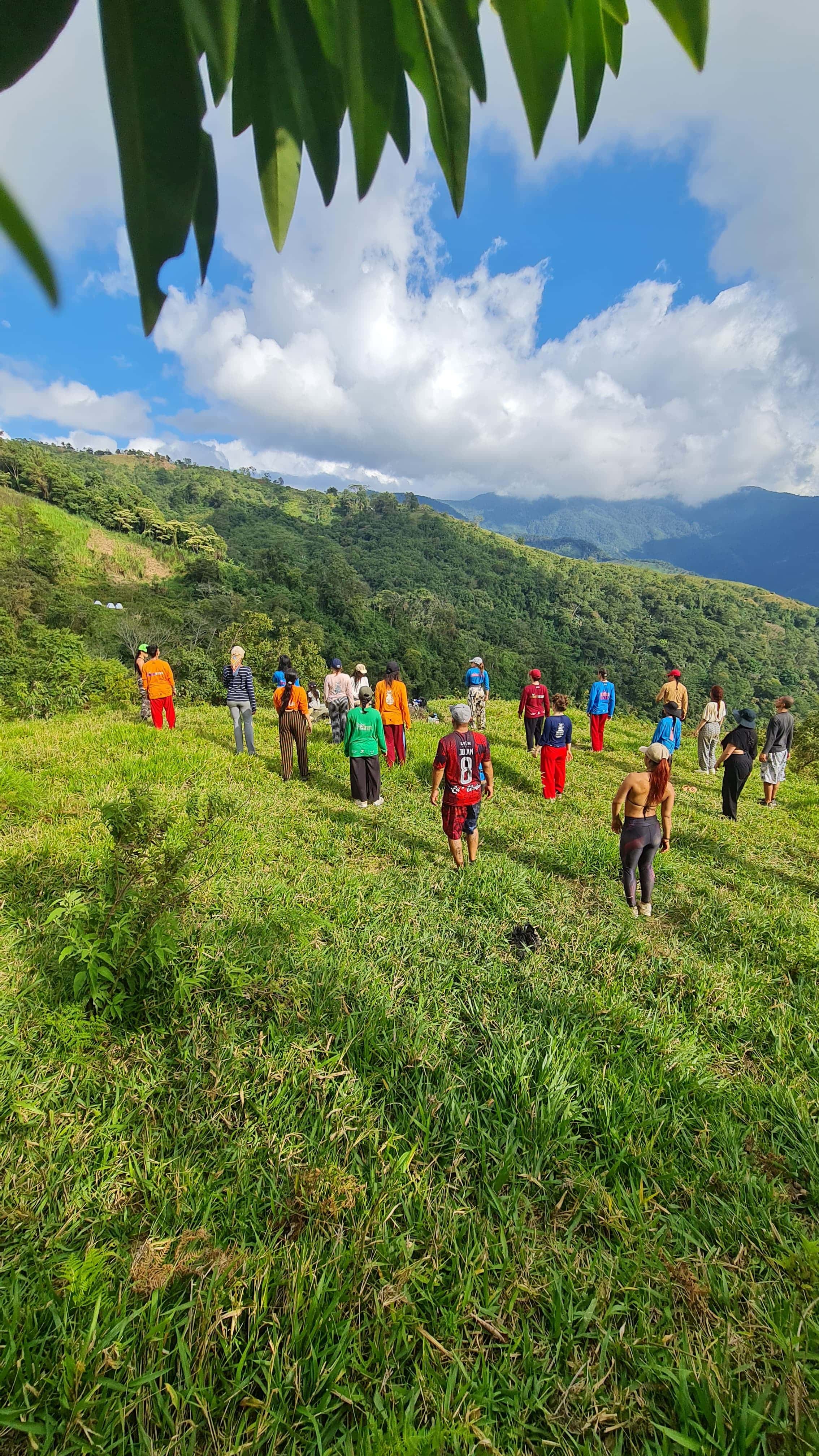 Group of hikers on a grassy hillside with mountains in the background.