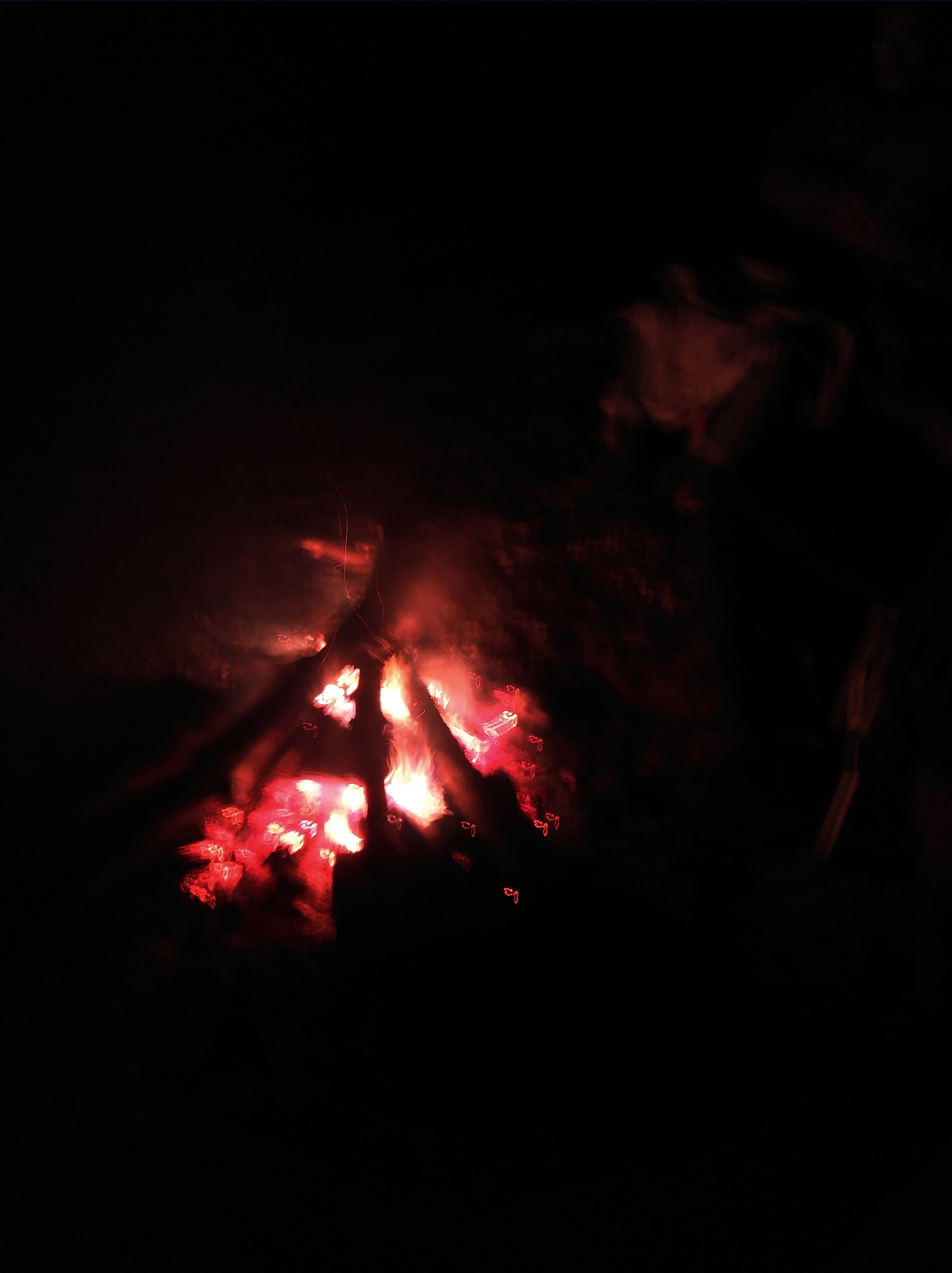 Glowing campfire at night with embers and silhouettes.