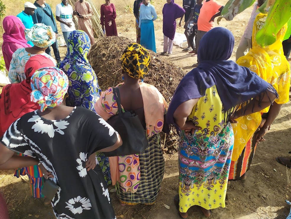 Group of people in colorful clothing gathered around a central mound outdoors.