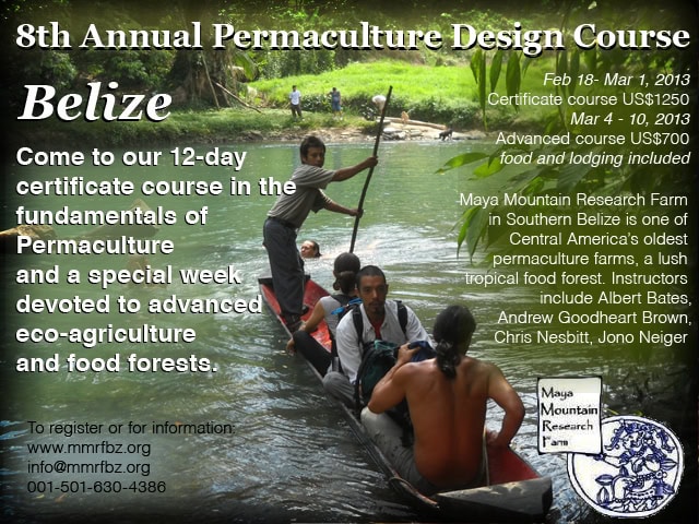Belize 12-day permaculture course on river with students.