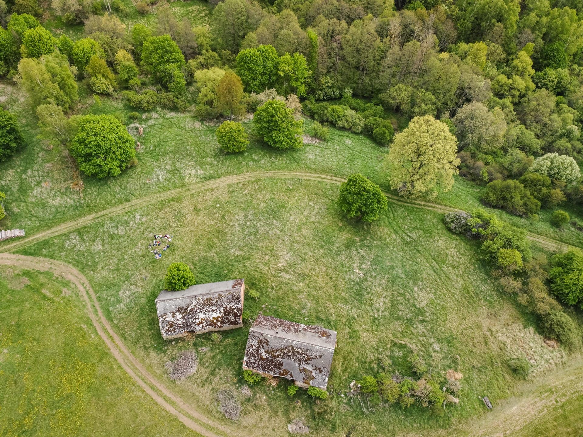 Aerial view of a grassy landscape with two old buildings and surrounding trees.