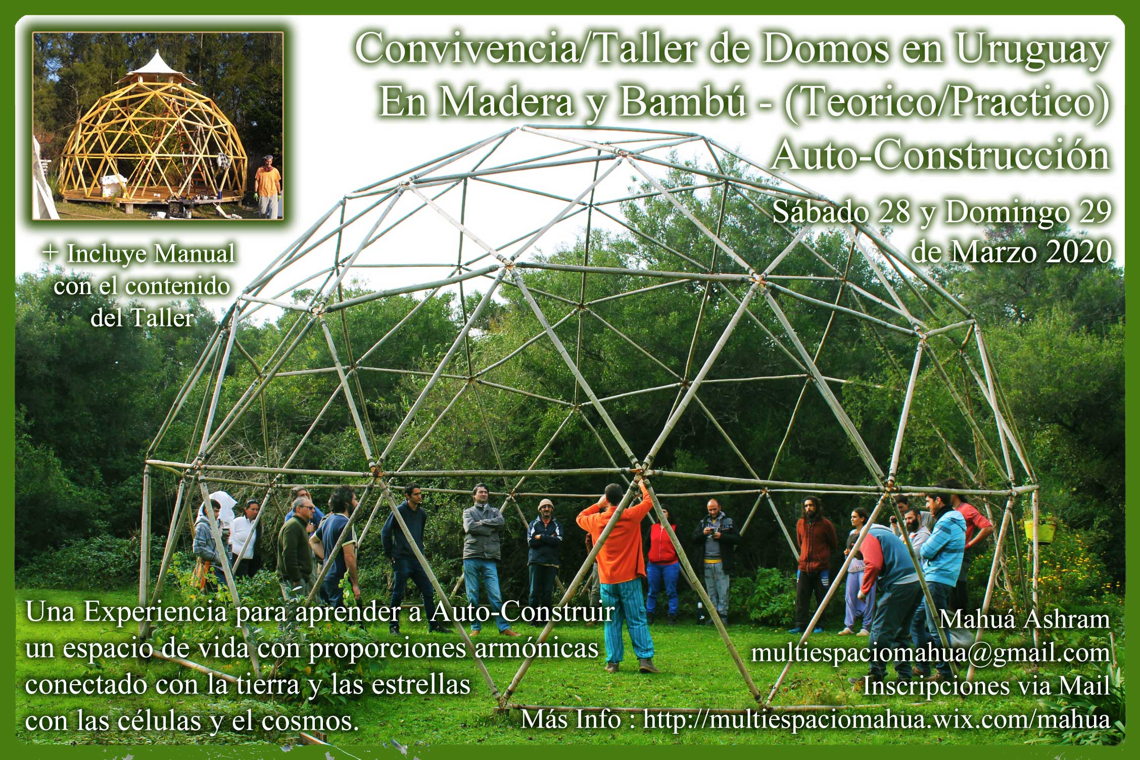 Geodesic dome construction workshop with people assembling a dome in a forested area.
