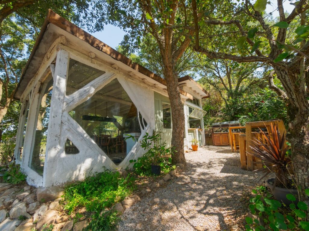Glass-walled eco building with white frame under trees, garden path and wooden elements.