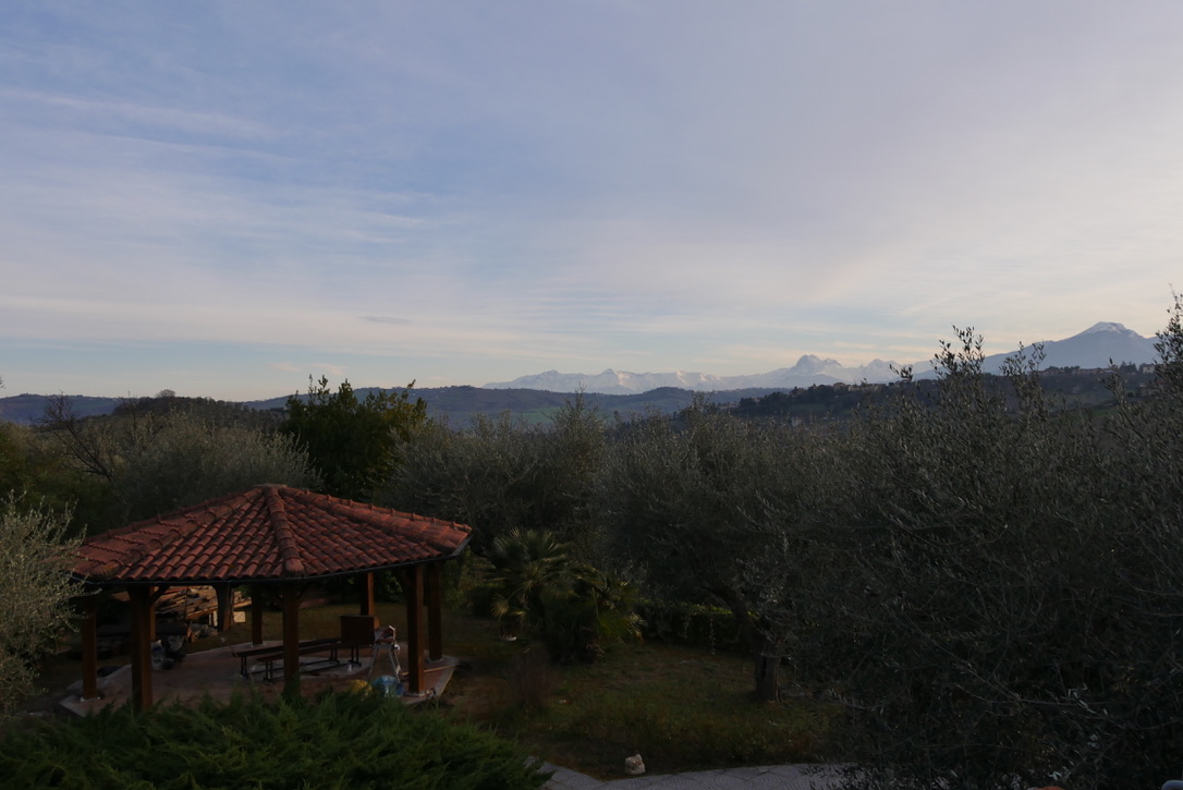 View of a garden with a red-roofed gazebo and distant hills.