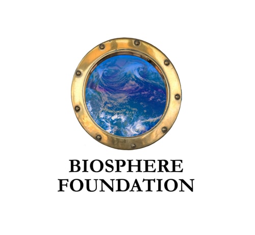Biosphere Foundation logo with earth image inside a brass porthole.