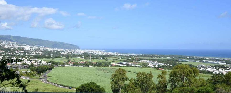 Panoramic view of a coastal landscape with fields, trees and distant town.