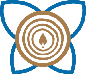 Ecovillage Network logo with a tree ring and flower design in blue and brown.