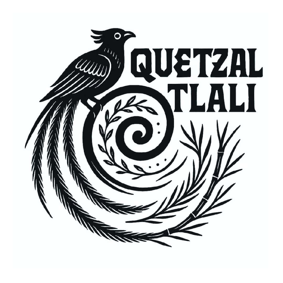 Quetzaltlali Ecovillage emblem with bird and spiral design.
