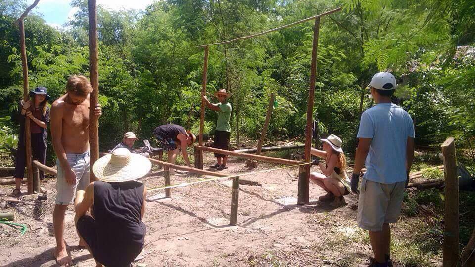 People building a wooden frame structure in a forested area during a workshop.