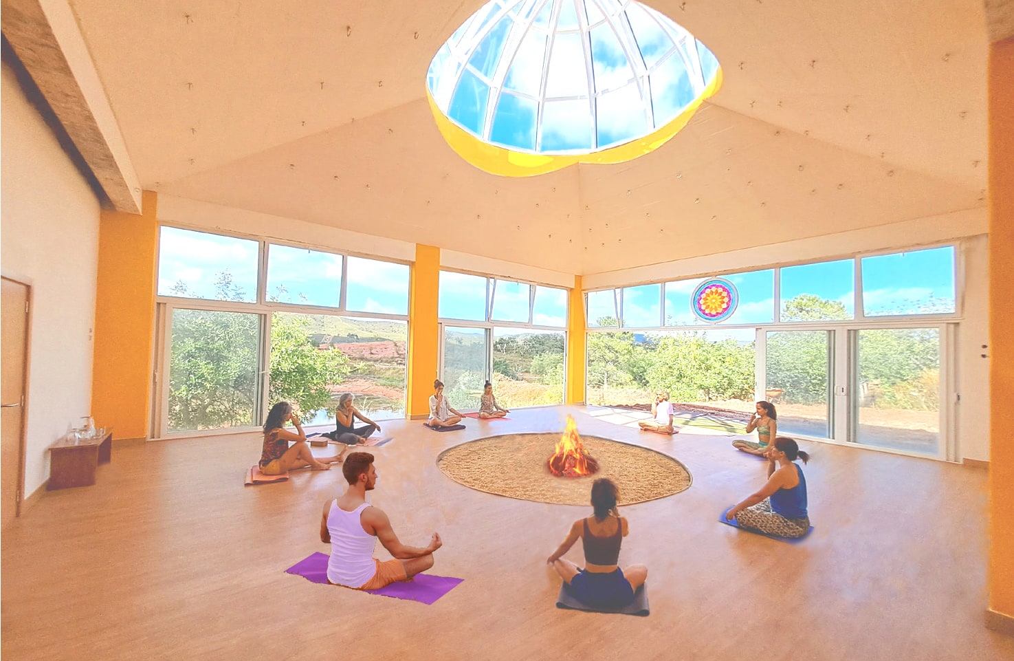 Group of people in a circular yoga session around a central fire under a skylight dome.