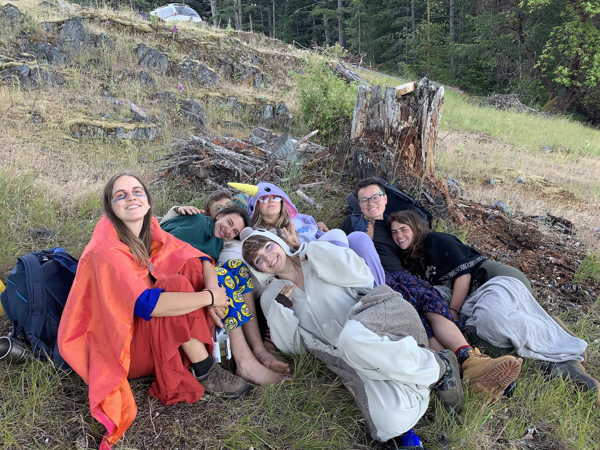 Group of friends sitting outdoors near forest, camping.