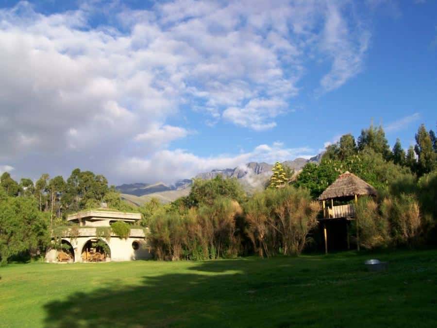 Global Ecovillage Network landscape with trees, hills and wooden hut.