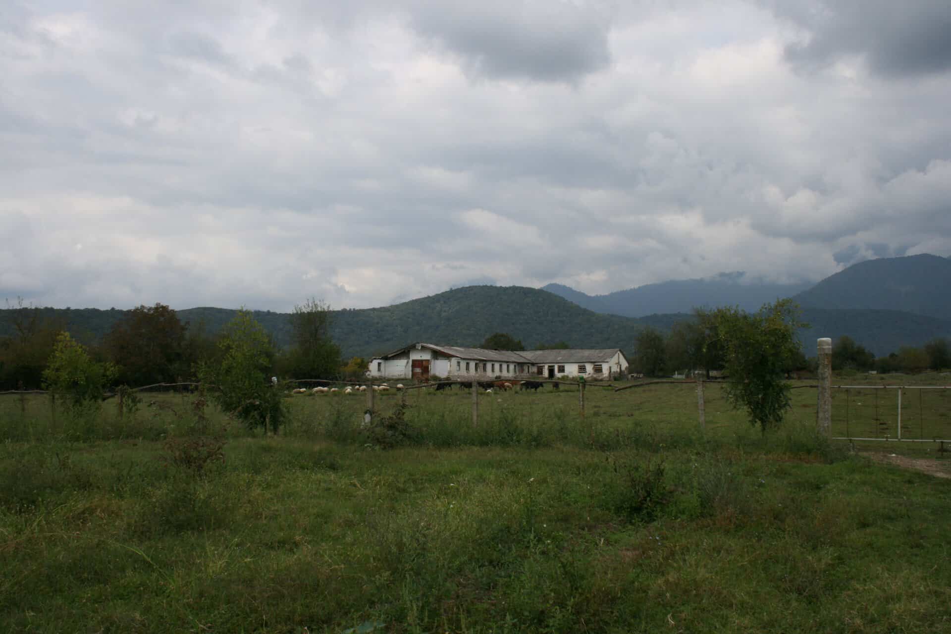 Rural ecovillage farmstead with a long white building amidst greenery under cloudy sky.