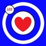 Blue concentric circles with red heart emblem.