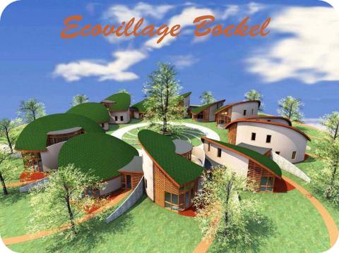 Global Ecovillage Network style eco community with green roofs and curved pathways.
