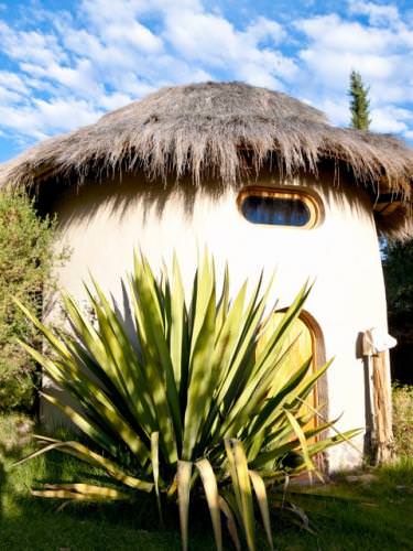 Round plaster hut with thatched roof, arched window and desert plant in foreground.
