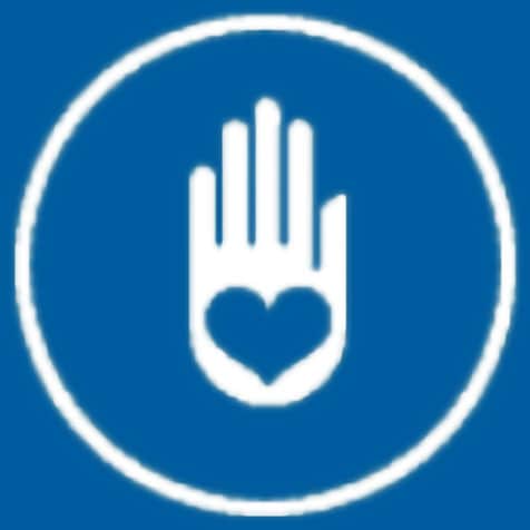 Global Ecovillage Network emblem with white hand and heart on blue circle.