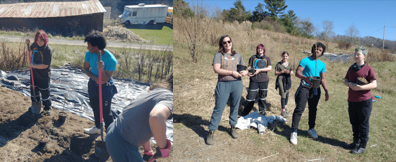Group of youths working together in a community garden for ecological project.