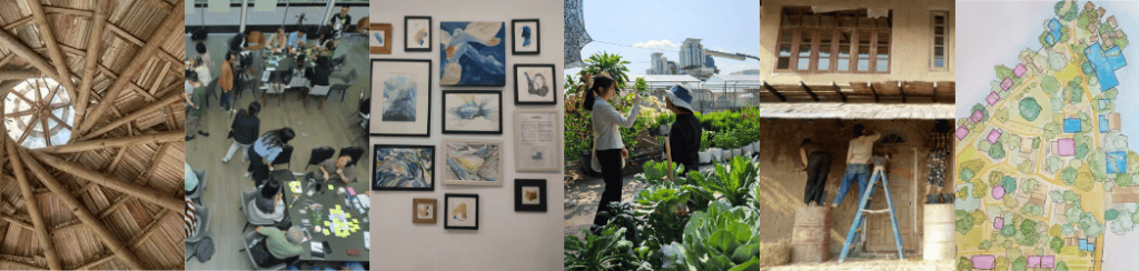 Collage of sustainable living projects from EcoVillage Network.