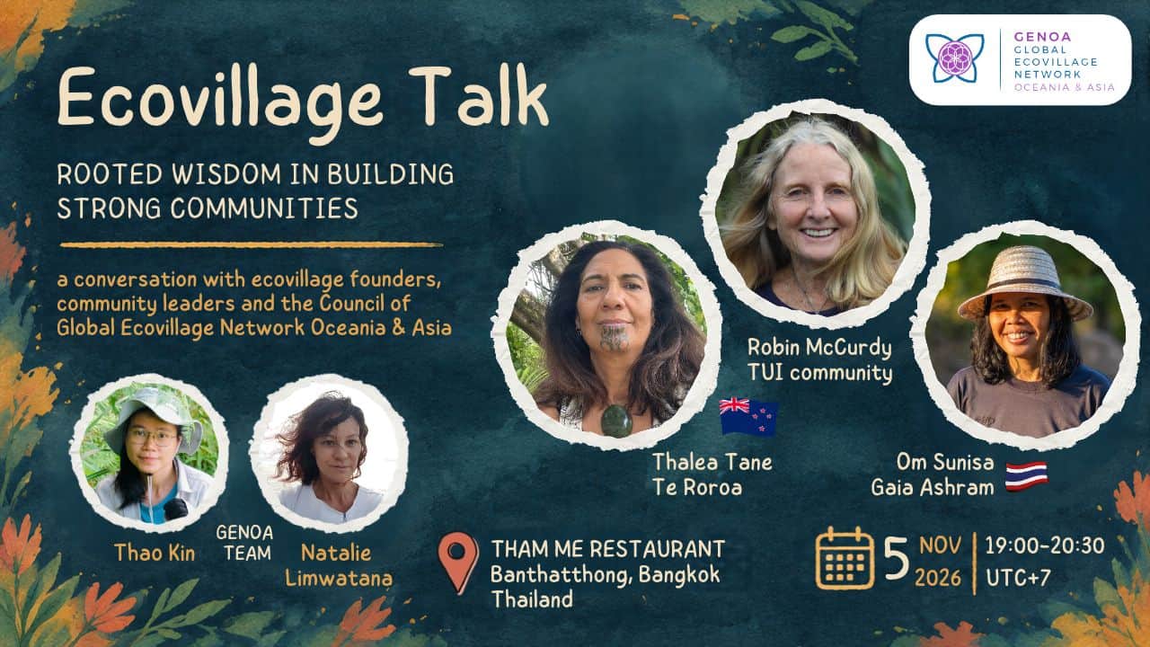 Global Ecovillage Network talk at Tham Me Restaurant Bangkok event banner.