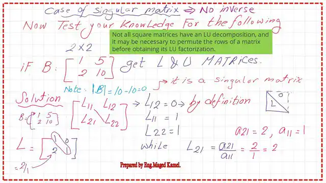 Pict-5-Post-2-linear An example for Lu decomposition for a given singular matrix.