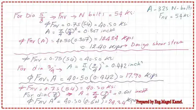 Design shear value for 5/8,3/4 and 7/8 inches A 325-N