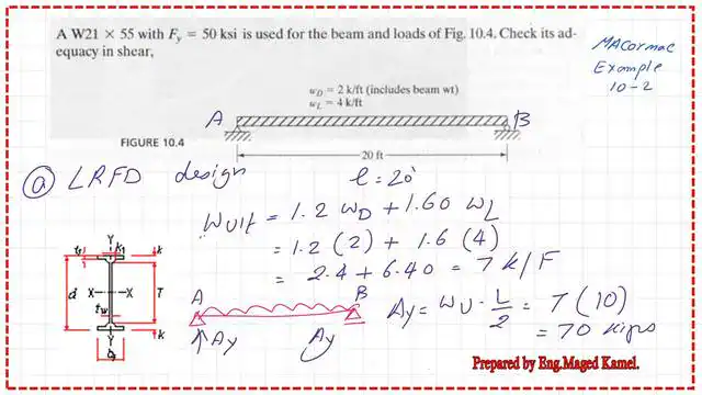 A solved problem 10-2 to check adequacy for beam in shear.