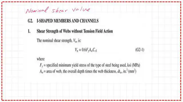 Nominal shear value formula for steel beams.