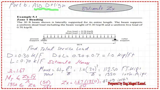 page 8- post 24b-steel beam. Estimate the required Zx for beam based on ASD design.
