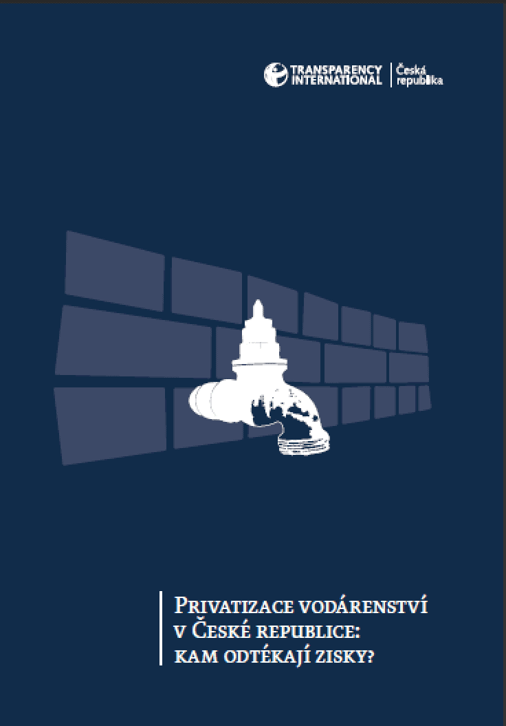Ilustrace vodárenské infrastruktury s logem Transparency International a vládou ČR, symbolizující otázky privatizace vodárenství a dopadů na veřejné zájmy.