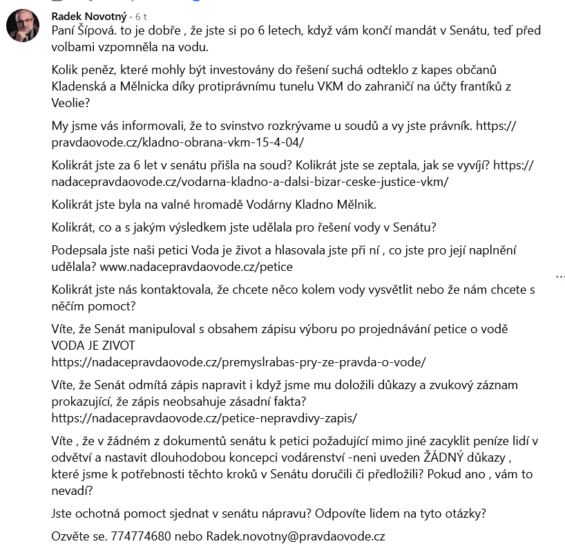 Dotaz na Šípovou co dělal 6 let pro vodu
