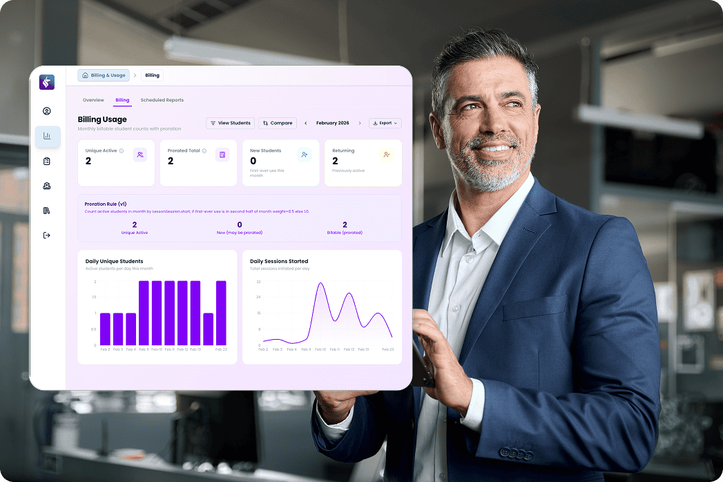 Professional holding a tablet with a billing and usage dashboard displaying analytics on student activity, sessions, and performance metrics.