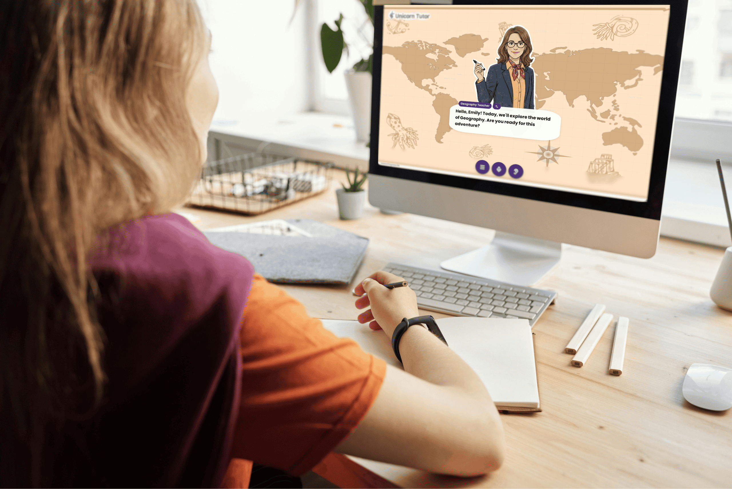 A woman having online English lesson on her computer