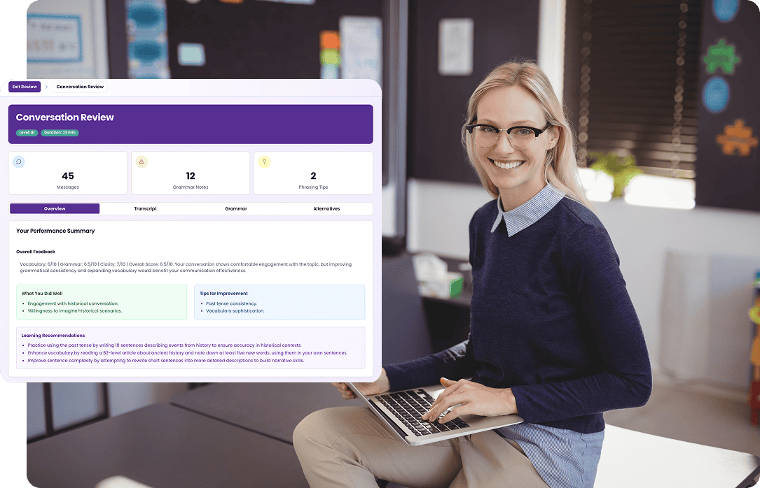 Teacher using a laptop in a classroom with an AI conversation review dashboard displaying performance metrics, grammar feedback, and improvement suggestions.