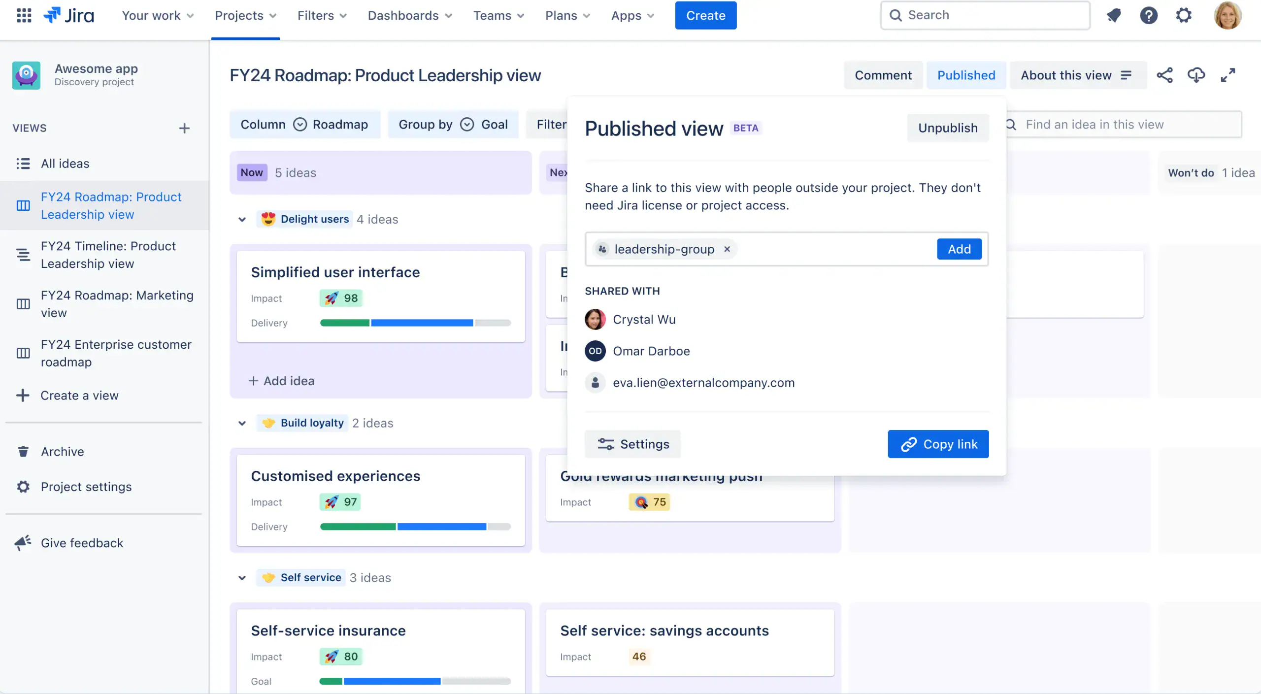 Pantalla de Jira product discovery