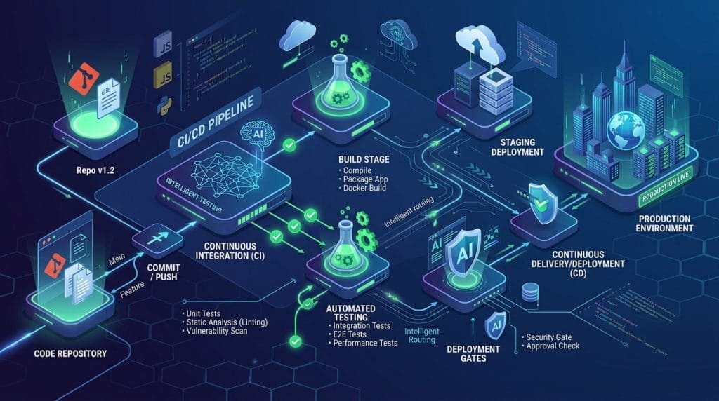 La arquitectura moderna de CI/CD integra testing automático, build management y deployment en un flujo continuo y supervisado por IA para optimizar cada etapa.