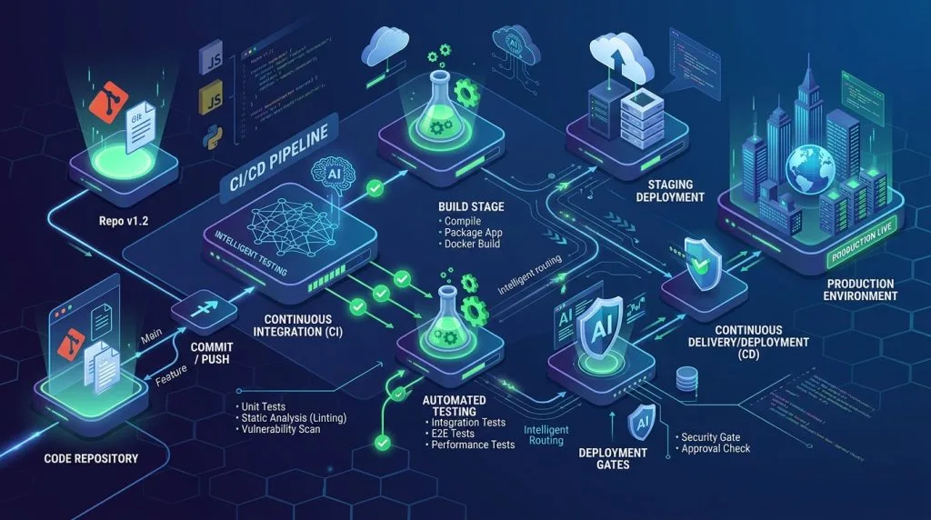 La arquitectura moderna de CI/CD integra testing automático, build management y deployment en un flujo continuo y supervisado por IA para optimizar cada etapa.